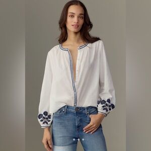 Velvet by Graham & Spencer Rahwa White Blouse with Navy Embroidered Cuffs